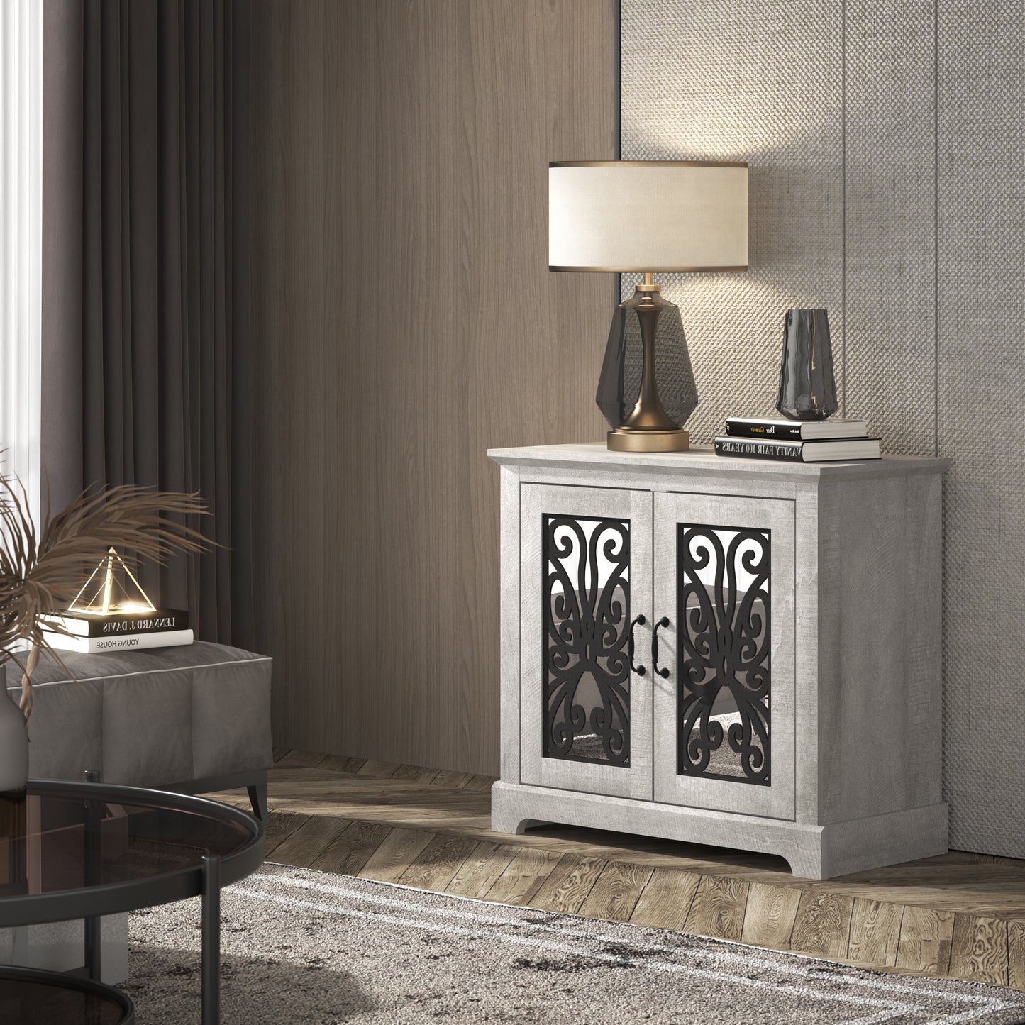 Galano 2-Door Accent Cabinet with Decorative Cut-Out Design in Dusty Gray Oak 32.4" W x 15.8" D x 29.3" H