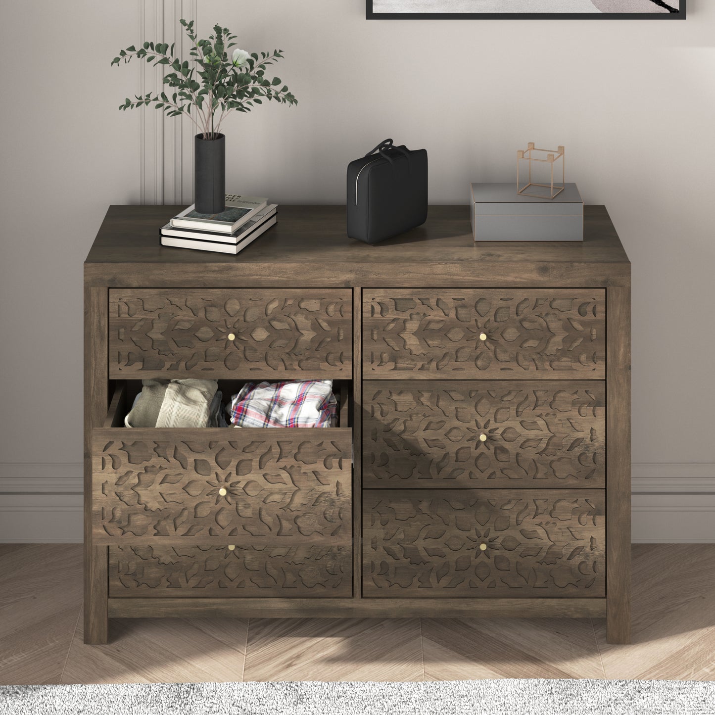 Galano 6-Drawer Dresser with Cutout Floral Fronts 45.4″ W x 15.7" D x 32.0" H