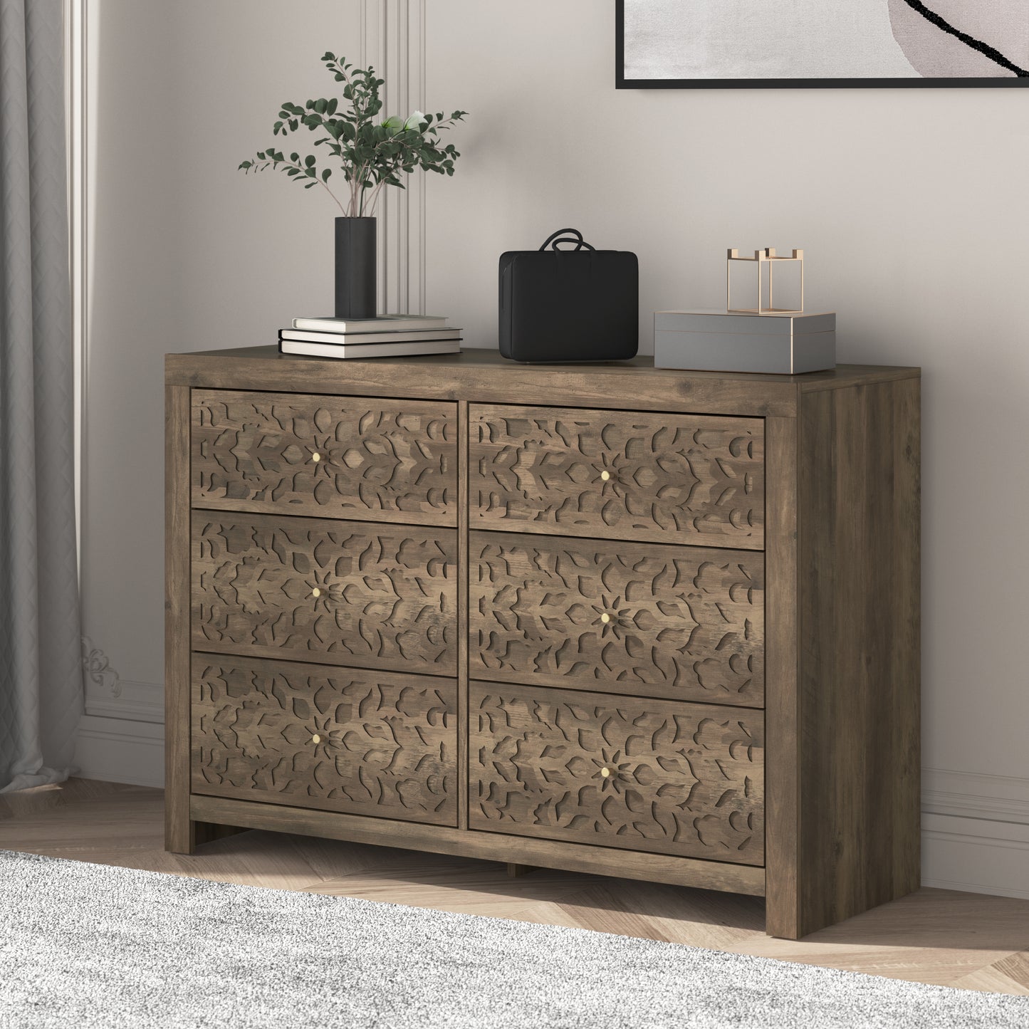 Galano 6-Drawer Dresser with Cutout Floral Fronts 45.4″ W x 15.7" D x 32.0" H