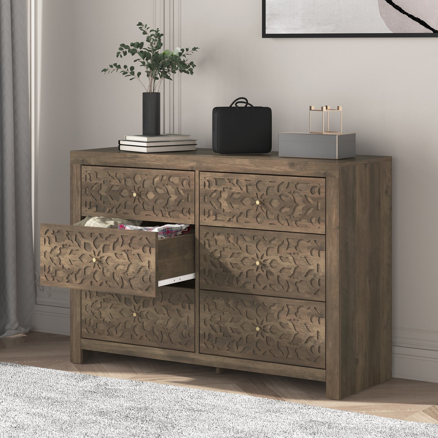 Galano 6-Drawer Dresser with Cutout Floral Fronts 45.4″ W x 15.7" D x 32.0" H