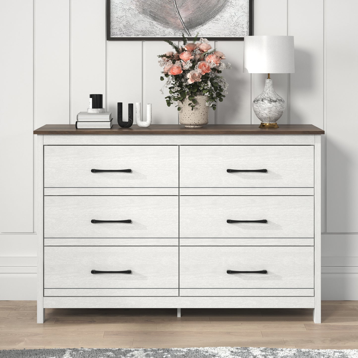Galano 6-Drawer Dresser with Smooth-Glide Storage in Pearl White Oak 47" W