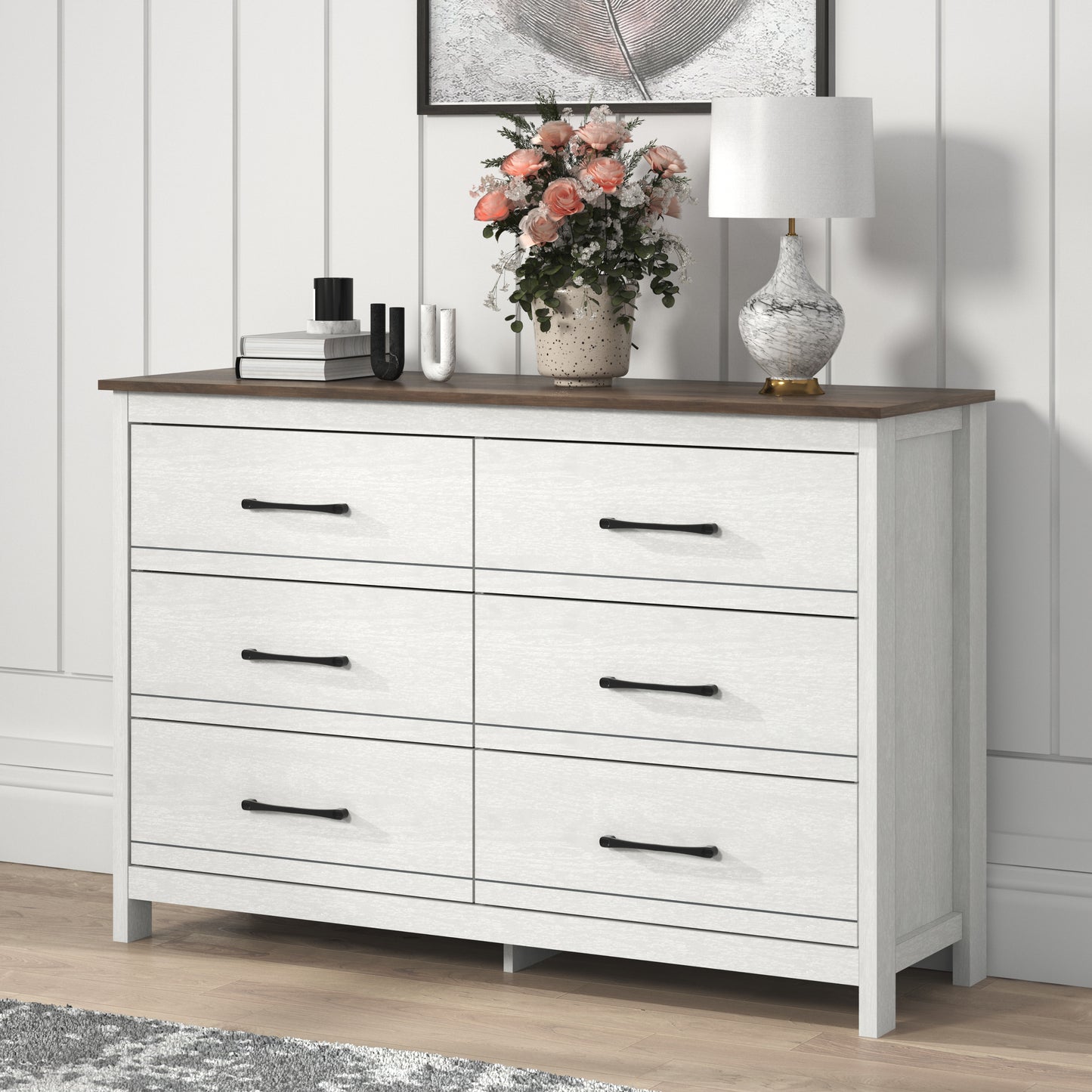 Galano 6-Drawer Dresser with Smooth-Glide Storage in Pearl White Oak 47" W