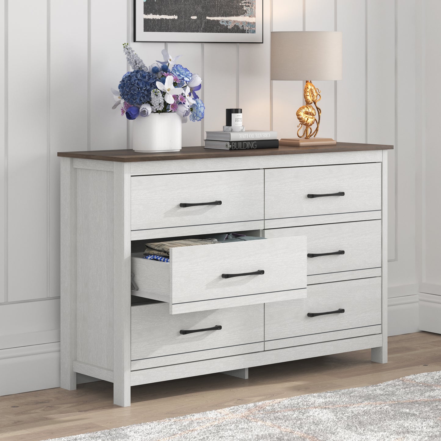 Galano 6-Drawer Dresser with Smooth-Glide Storage in Pearl White Oak 47" W
