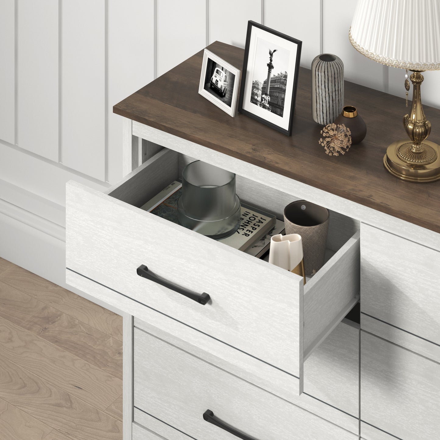 Galano 6-Drawer Dresser with Smooth-Glide Storage in Pearl White Oak 47" W