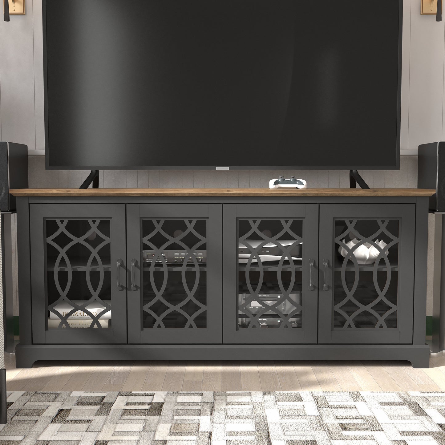 GALANO TV Stand with Cutout Doors and Adjustable Shelves 68.2" W x 17.2" D x 29.3" H