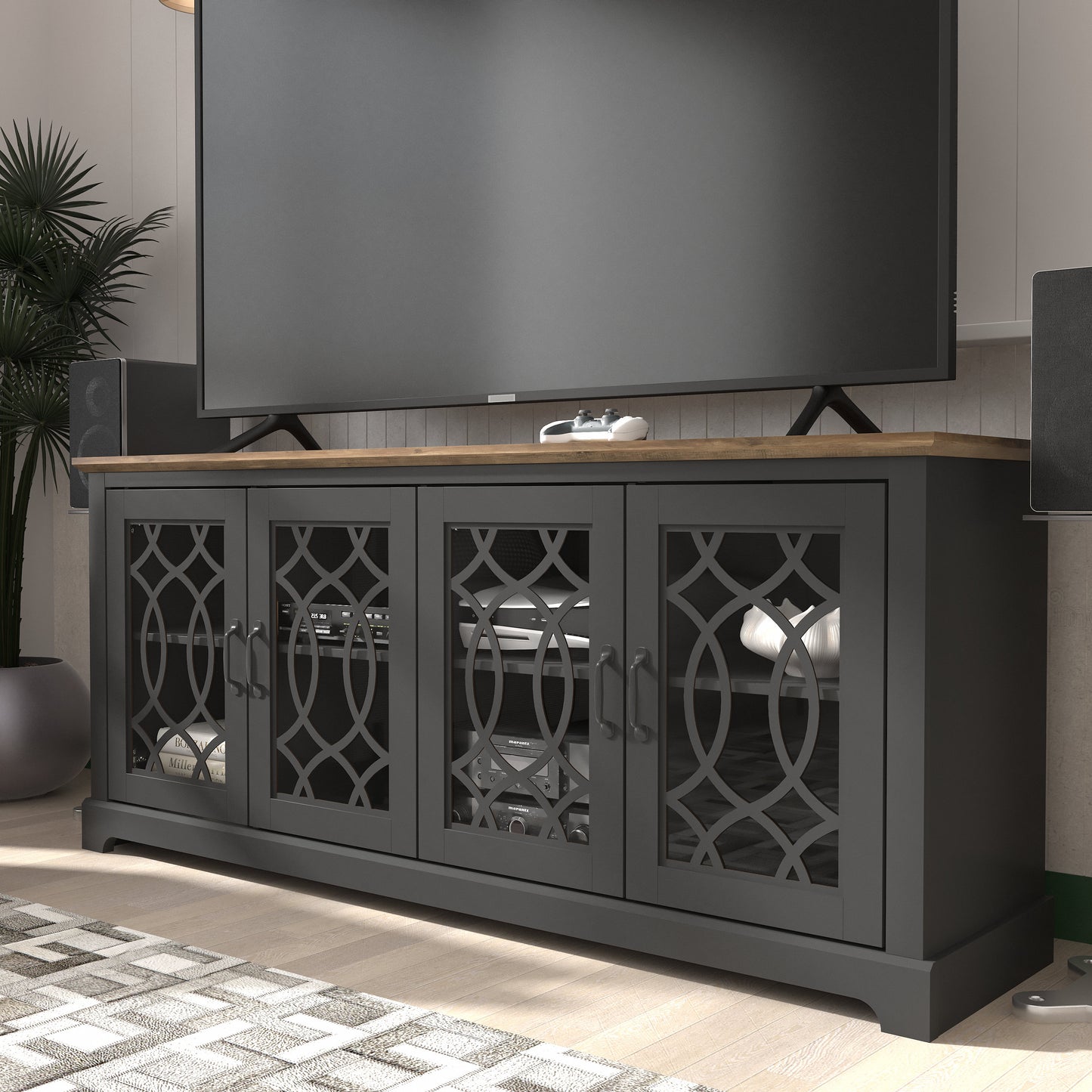GALANO TV Stand with Cutout Doors and Adjustable Shelves 68.2" W x 17.2" D x 29.3" H
