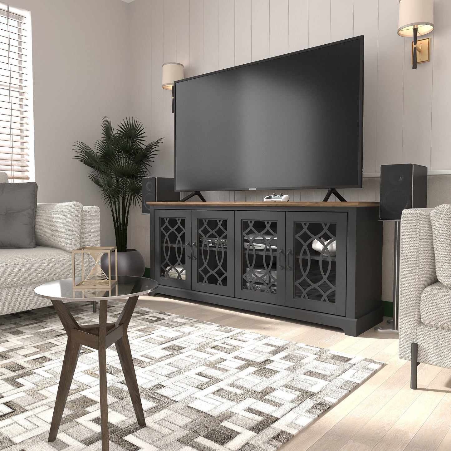 GALANO TV Stand with Cutout Doors and Adjustable Shelves 68.2" W x 17.2" D x 29.3" H