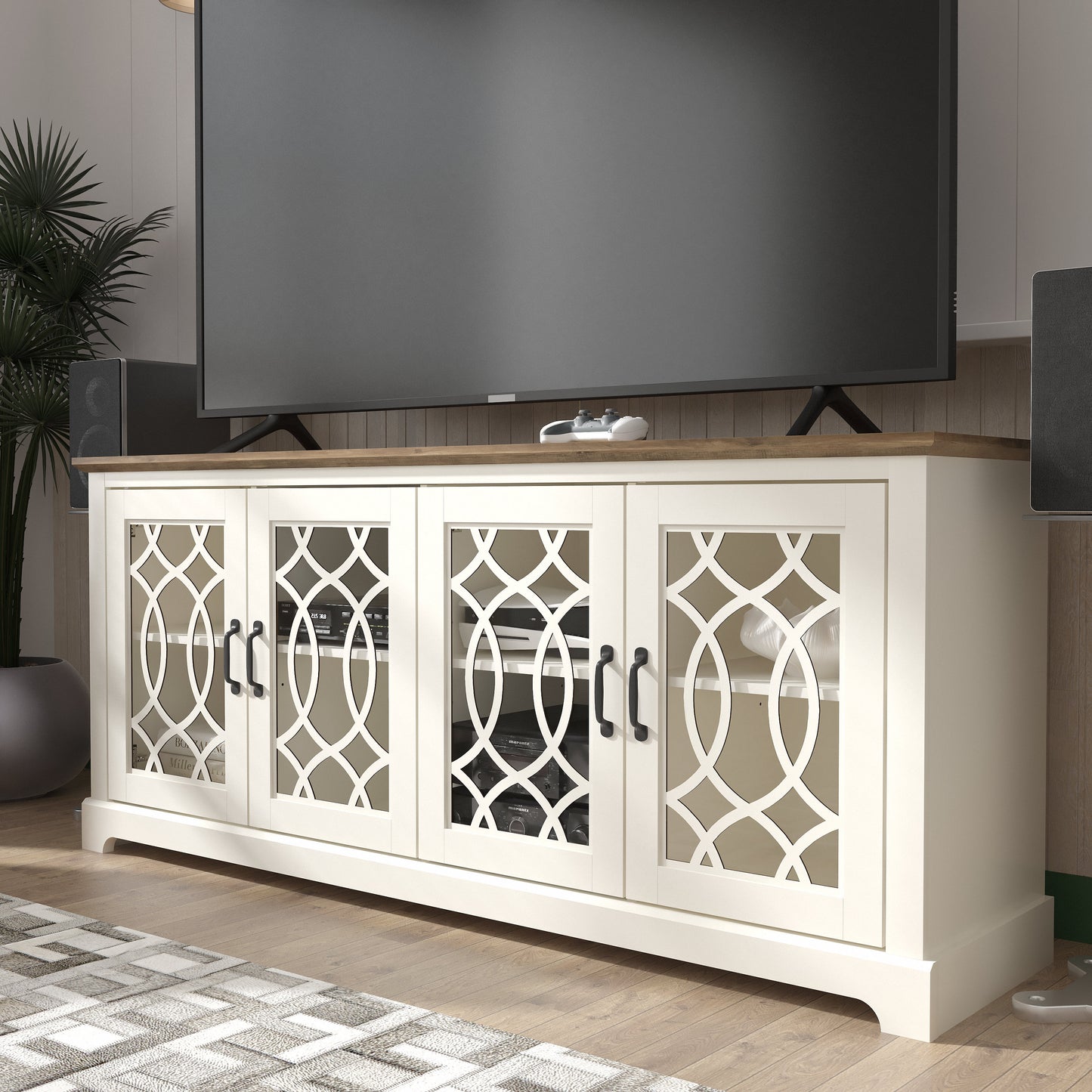 GALANO TV Stand with Cutout Doors and Adjustable Shelves 68.2" W x 17.2" D x 29.3" H