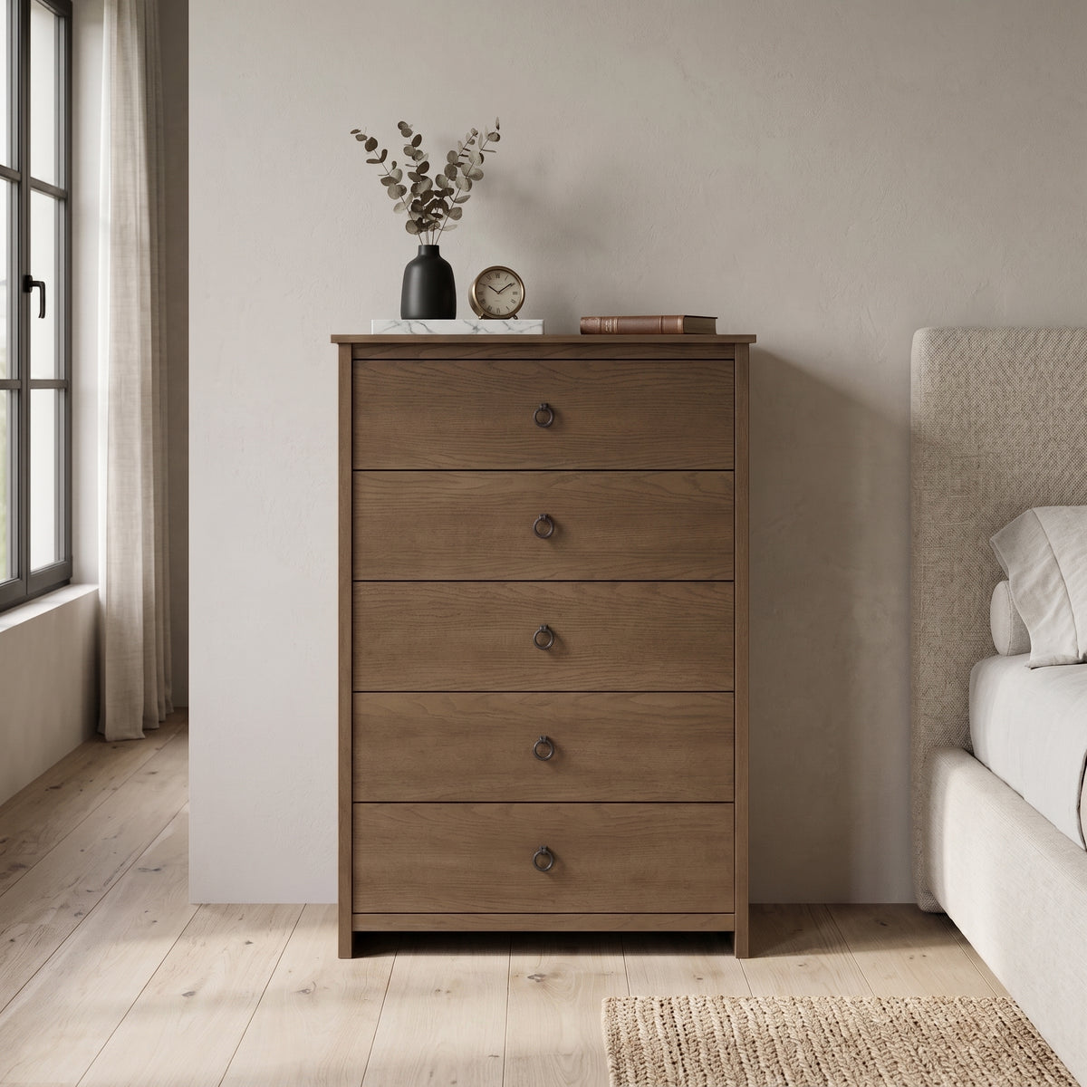 Galano Transitional 31.3" 5-Drawer Chest with Rich Wood Veneer Finish and Metal Ring Pulls