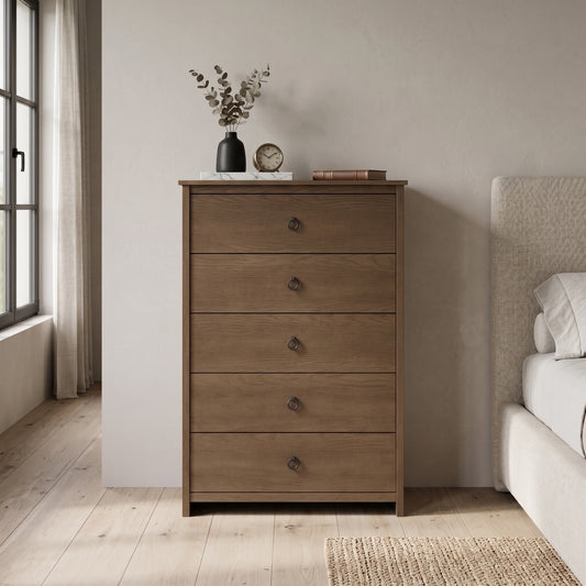 Galano 5-Drawer Chest with Interlocking Drawers, 31.3-Inch Wide, Dark Brown Oak