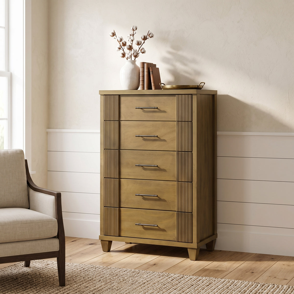 Galano 28.7" W Mid-Century Modern 5 Drawer Chest with Fluted Fronts and Solid Wood Legs
