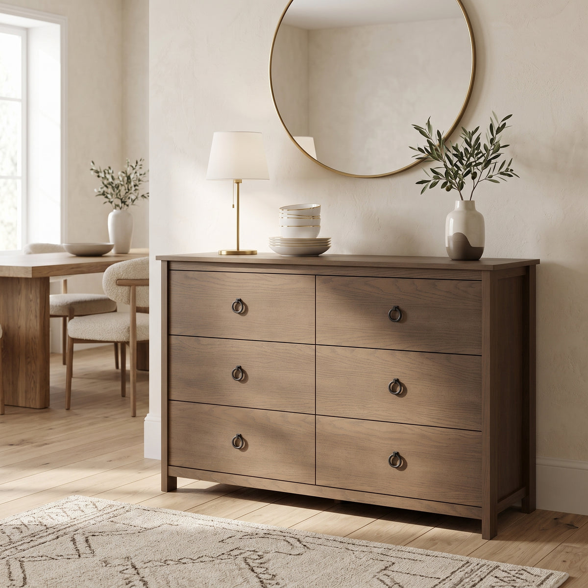 Galano Transitional 47" 6-Drawer Double Dresser with Rich Wood Veneer Finish and Metal Ring Pulls & Interlocking Drawers