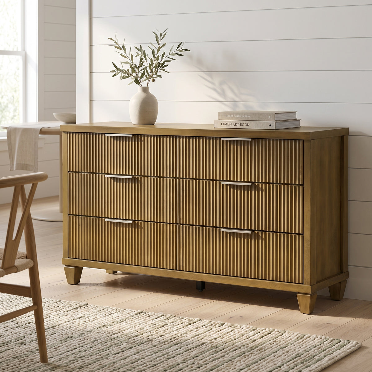 Galano 54.8" Wide Mid-Century Modern 6 Drawer Dresser with Fluted Fronts and Solid Wood Feet