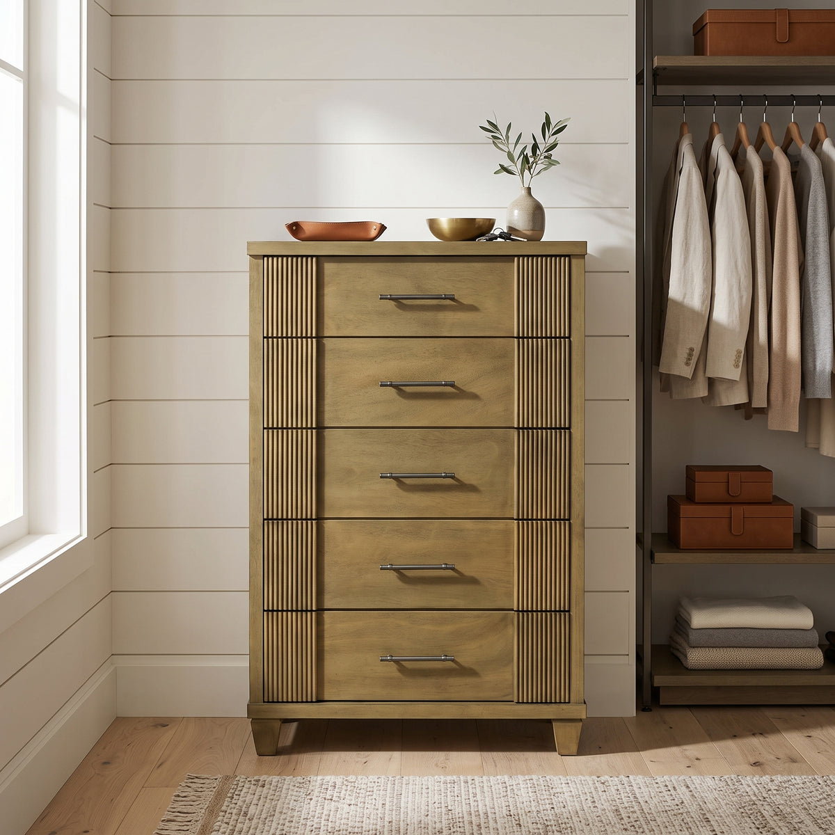 Galano 28.7" W Mid-Century Modern 5 Drawer Chest with Fluted Fronts and Solid Wood Legs