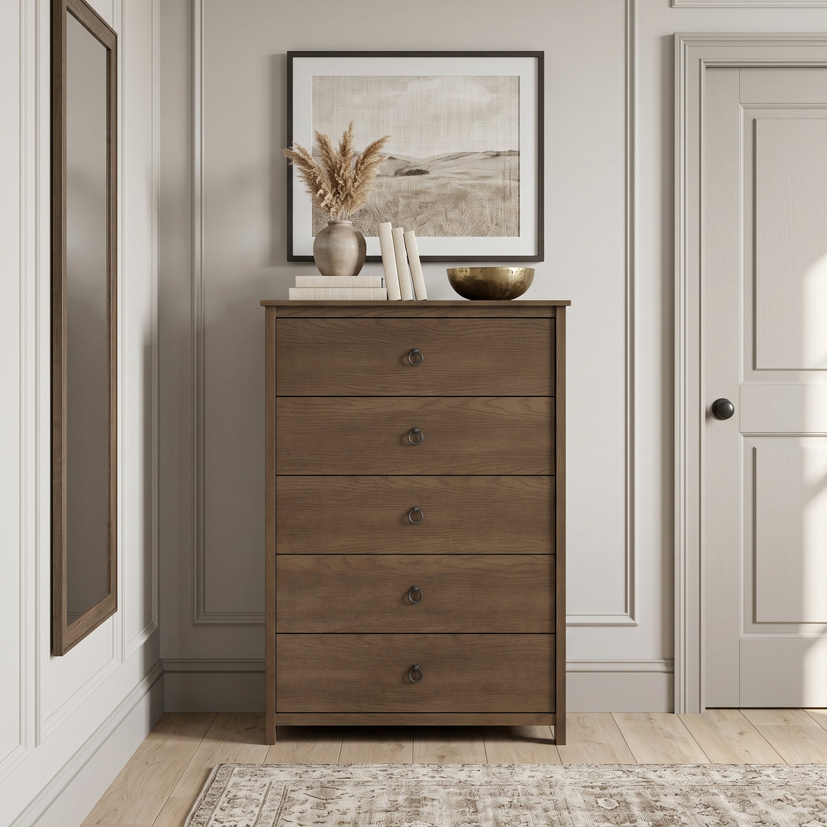 Galano Transitional 31.3" 5-Drawer Chest with Rich Wood Veneer Finish and Metal Ring Pulls