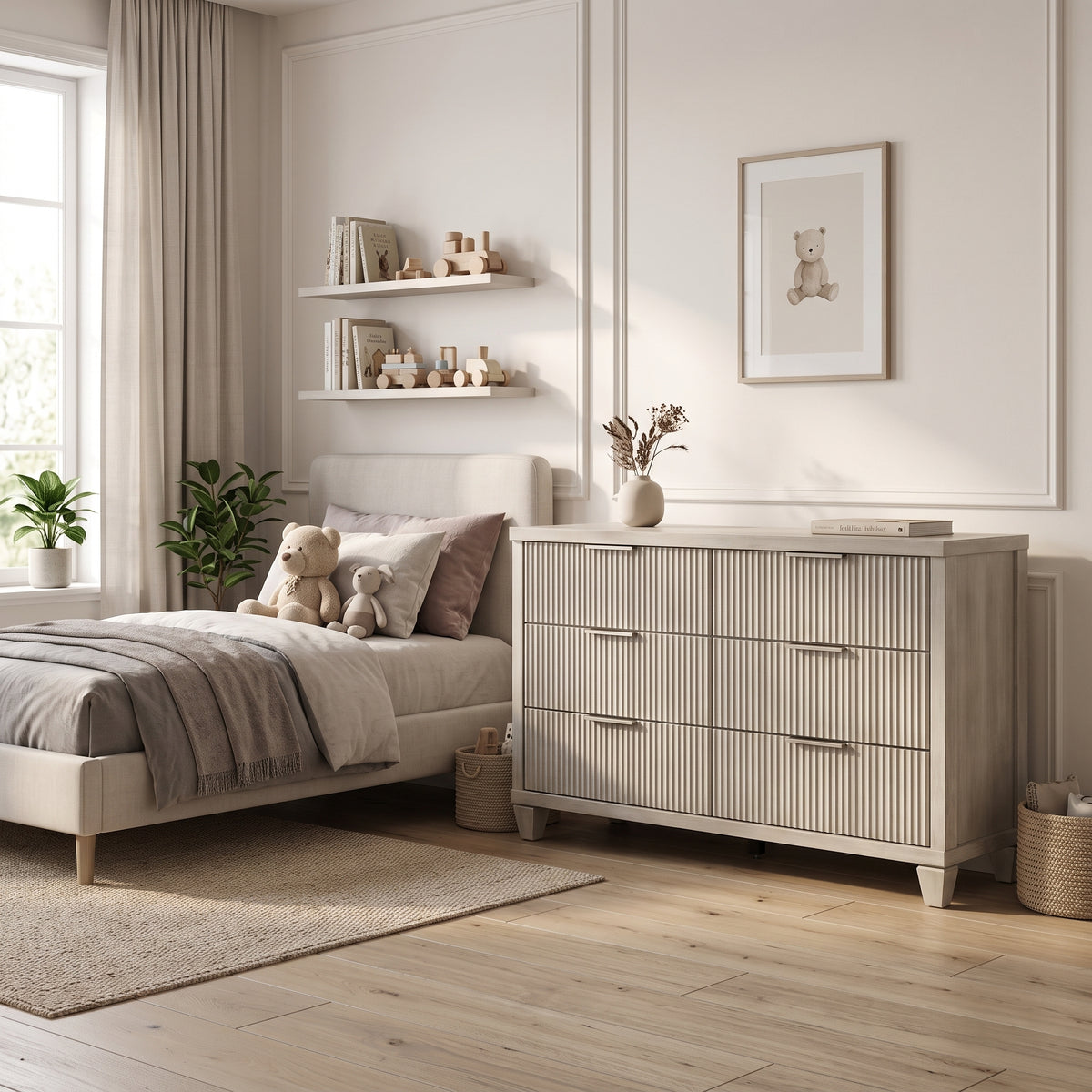 Galano 54.8" Wide Mid-Century Modern 6 Drawer Dresser with Fluted Fronts and Solid Wood Feet