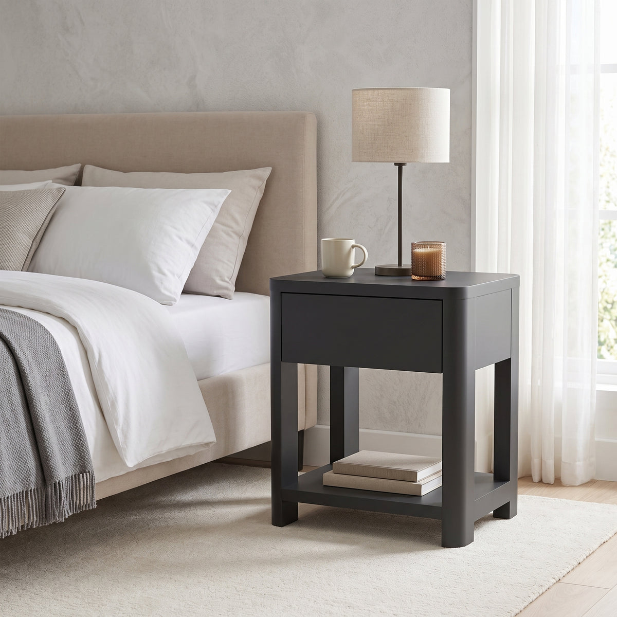 Galano 23" H Modern 1 Drawer Nightstand Bedside Table with Open Storage Shelf - Black