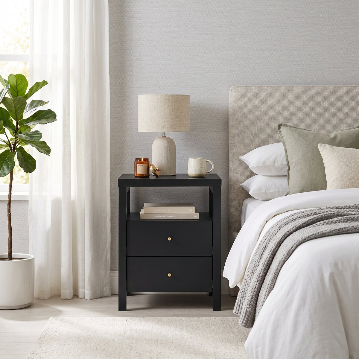Galano 23" H Modern 2 Drawer Nightstand Bedside Table with Open Storage Shelf - Black