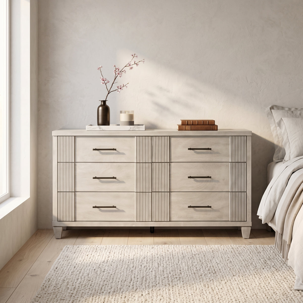 Galano 54.8" W Mid-Century Modern 6 Drawer Dresser with Fluted Fronts and Solid Wood Feet