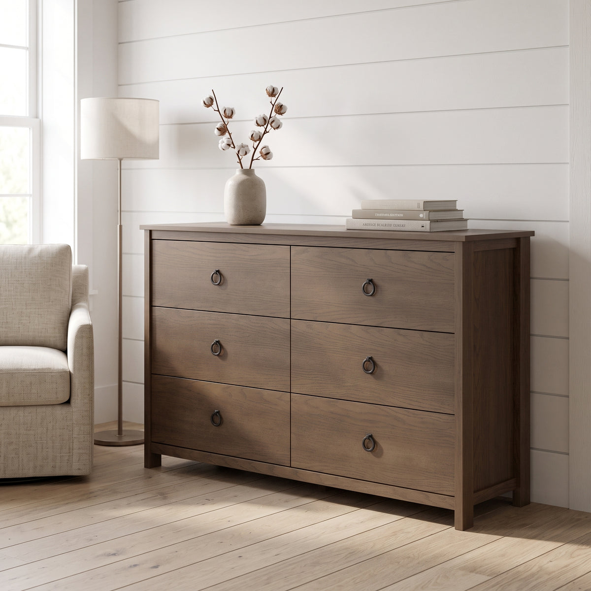 Galano Transitional 47" 6-Drawer Double Dresser with Rich Wood Veneer Finish and Metal Ring Pulls & Interlocking Drawers