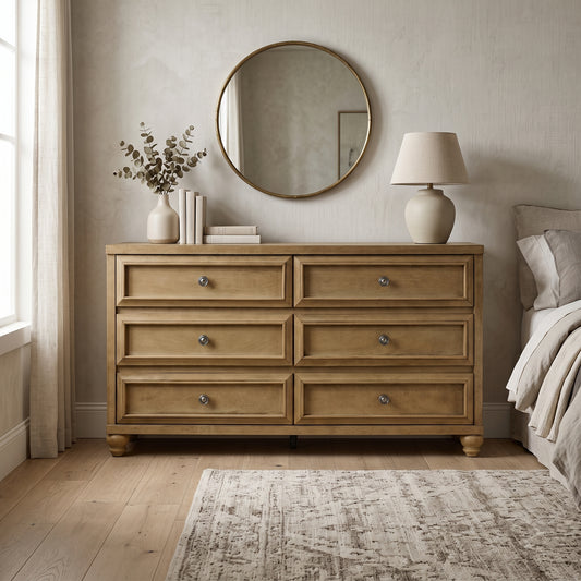 Galano 54.8" W Traditional 6 Drawer Double Dresser with Solid Wood Bun Feet and Interlocking Drawers