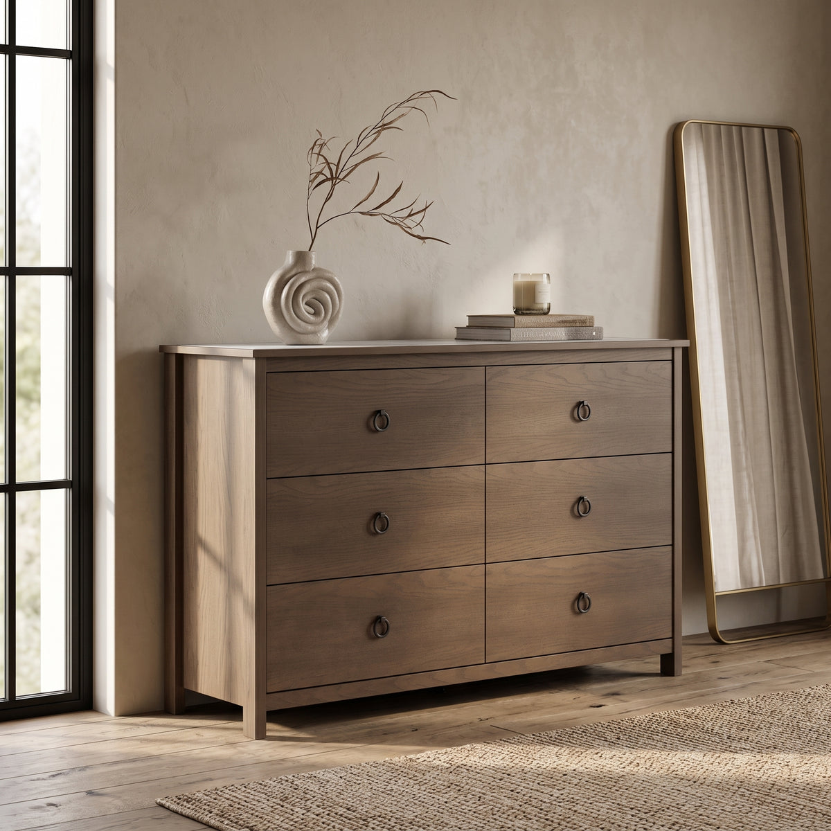 Galano Transitional 47" 6-Drawer Double Dresser with Rich Wood Veneer Finish and Metal Ring Pulls & Interlocking Drawers