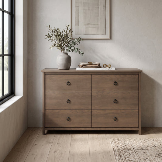 Galano Transitional 47" 6-Drawer Double Dresser with Rich Wood Veneer Finish and Metal Ring Pulls & Interlocking Drawers