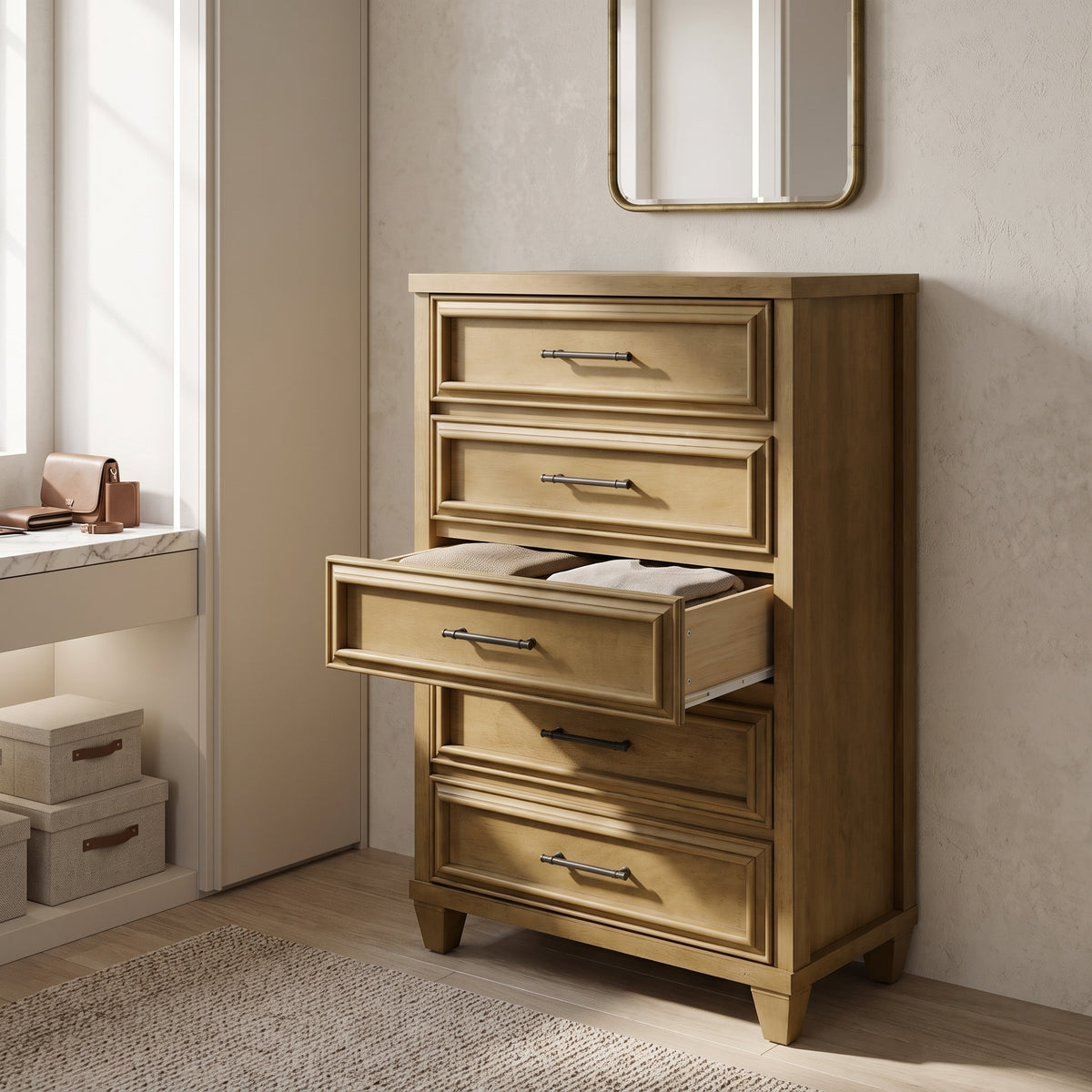 Galano 28.7" W Traditional 5 Drawer Chest with Solid Wood Details and Interlocking Drawers