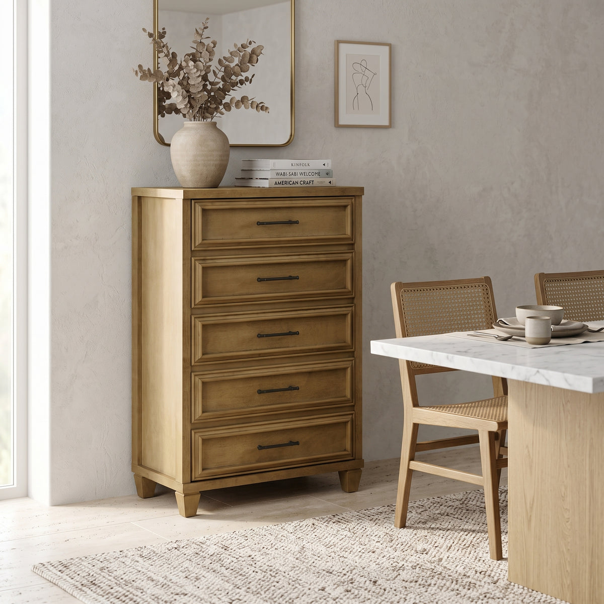 Galano 28.7" W Traditional 5 Drawer Chest with Solid Wood Details and Interlocking Drawers