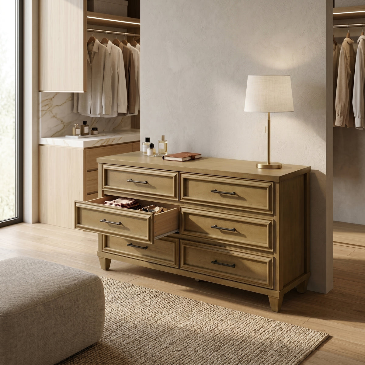 Galano 54.9" W Traditional 6 Drawer Dresser with Solid Wood Feet and Interlocking Drawers
