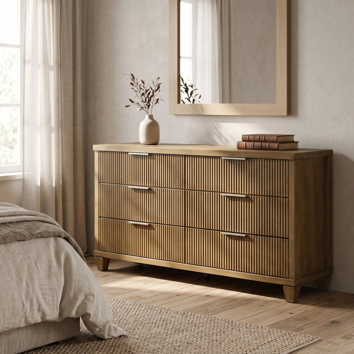 Galano 54.8" Wide Mid-Century Modern 6 Drawer Dresser with Fluted Fronts and Solid Wood Feet