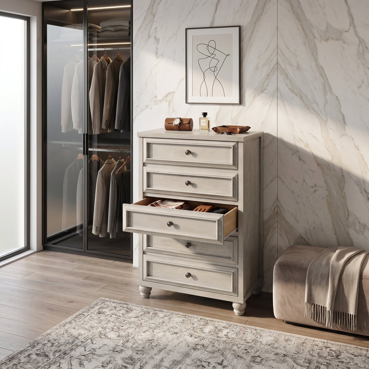 Galano 28.7" W Transitional 5 Drawer Chest with Solid Wood Feet and Interlocking Drawers