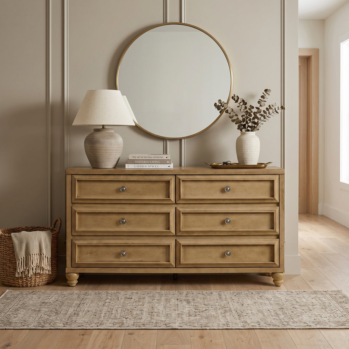 Galano 54.8" W Traditional 6 Drawer Double Dresser with Solid Wood Bun Feet and Interlocking Drawers