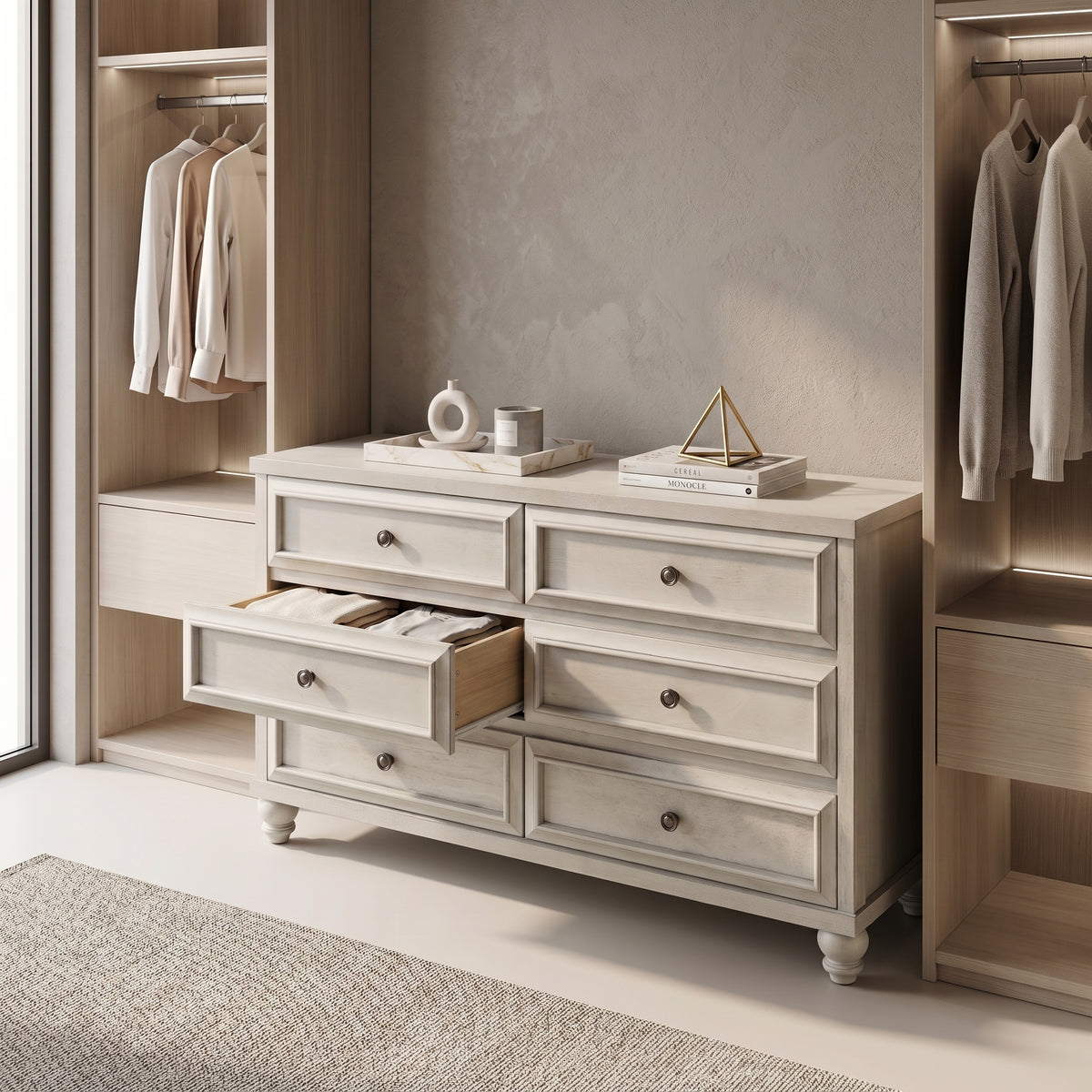 Galano 54.8" W Traditional 6 Drawer Double Dresser with Solid Wood Bun Feet and Interlocking Drawers
