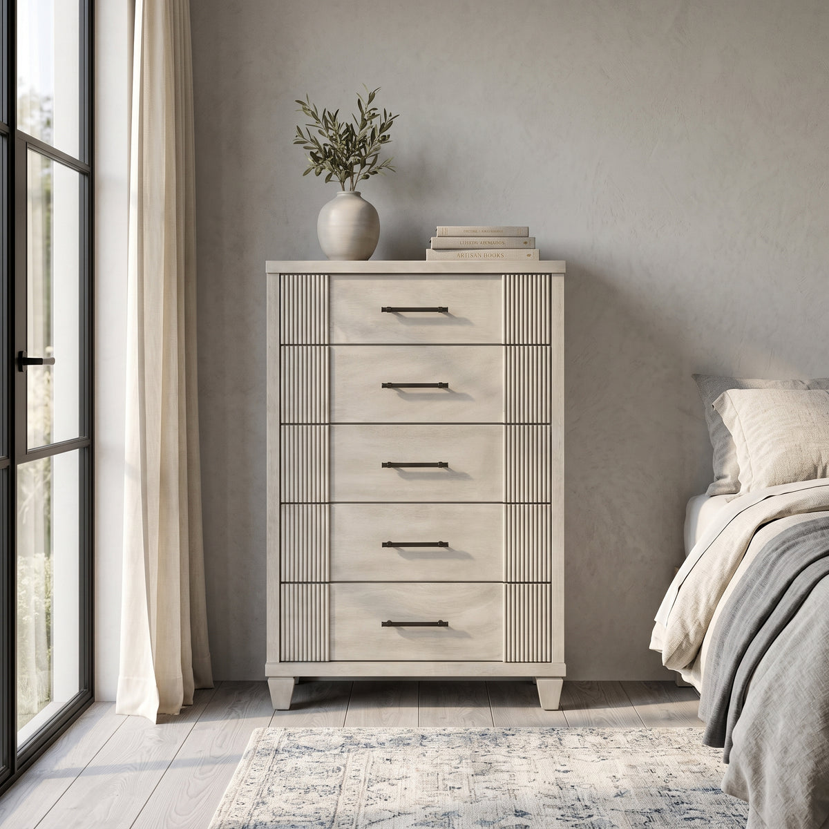 Galano 28.7" W Mid-Century Modern 5 Drawer Chest with Fluted Fronts and Solid Wood Legs