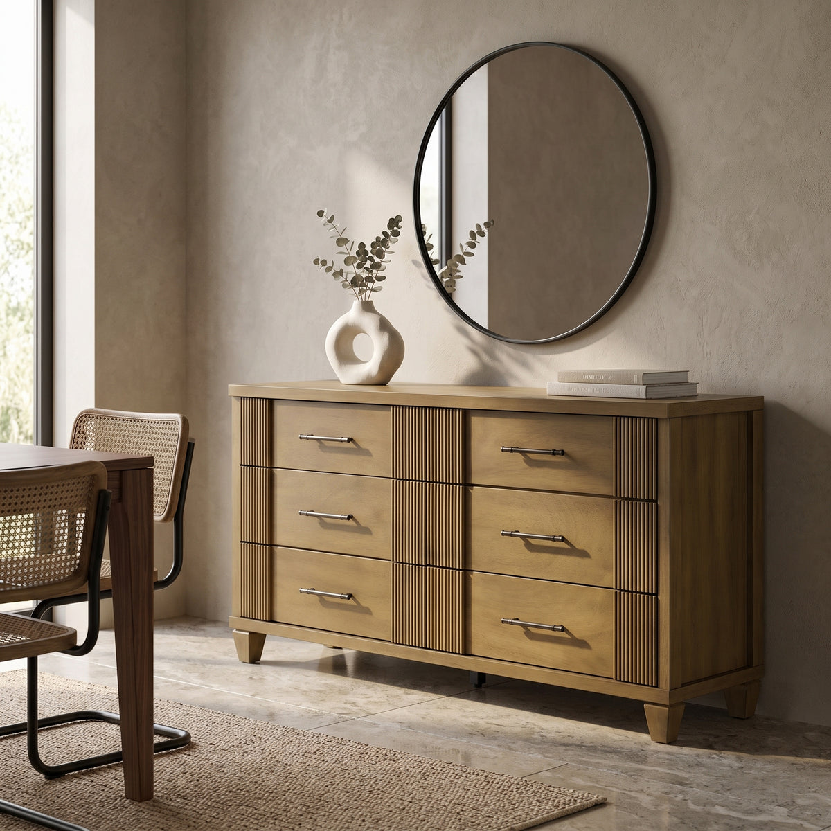 Galano 54.8" W Mid-Century Modern 6 Drawer Dresser with Fluted Fronts and Solid Wood Feet