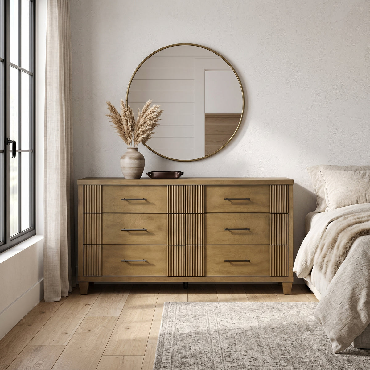 Galano 54.8" W Mid-Century Modern 6 Drawer Dresser with Fluted Fronts and Solid Wood Feet