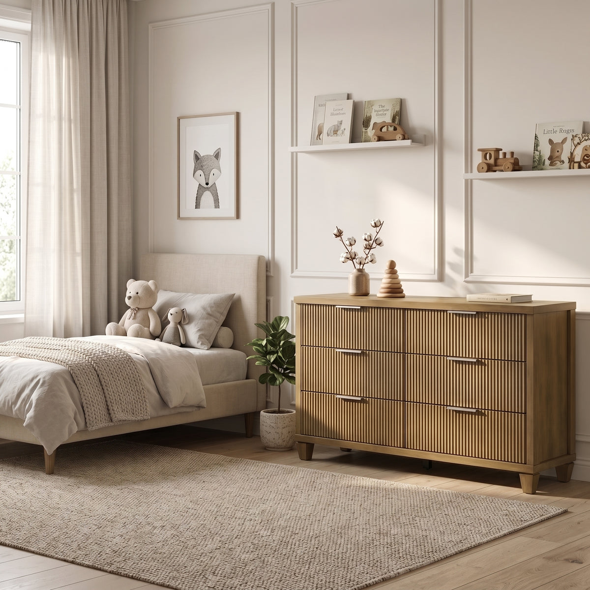 Galano 54.8" Wide Mid-Century Modern 6 Drawer Dresser with Fluted Fronts and Solid Wood Feet