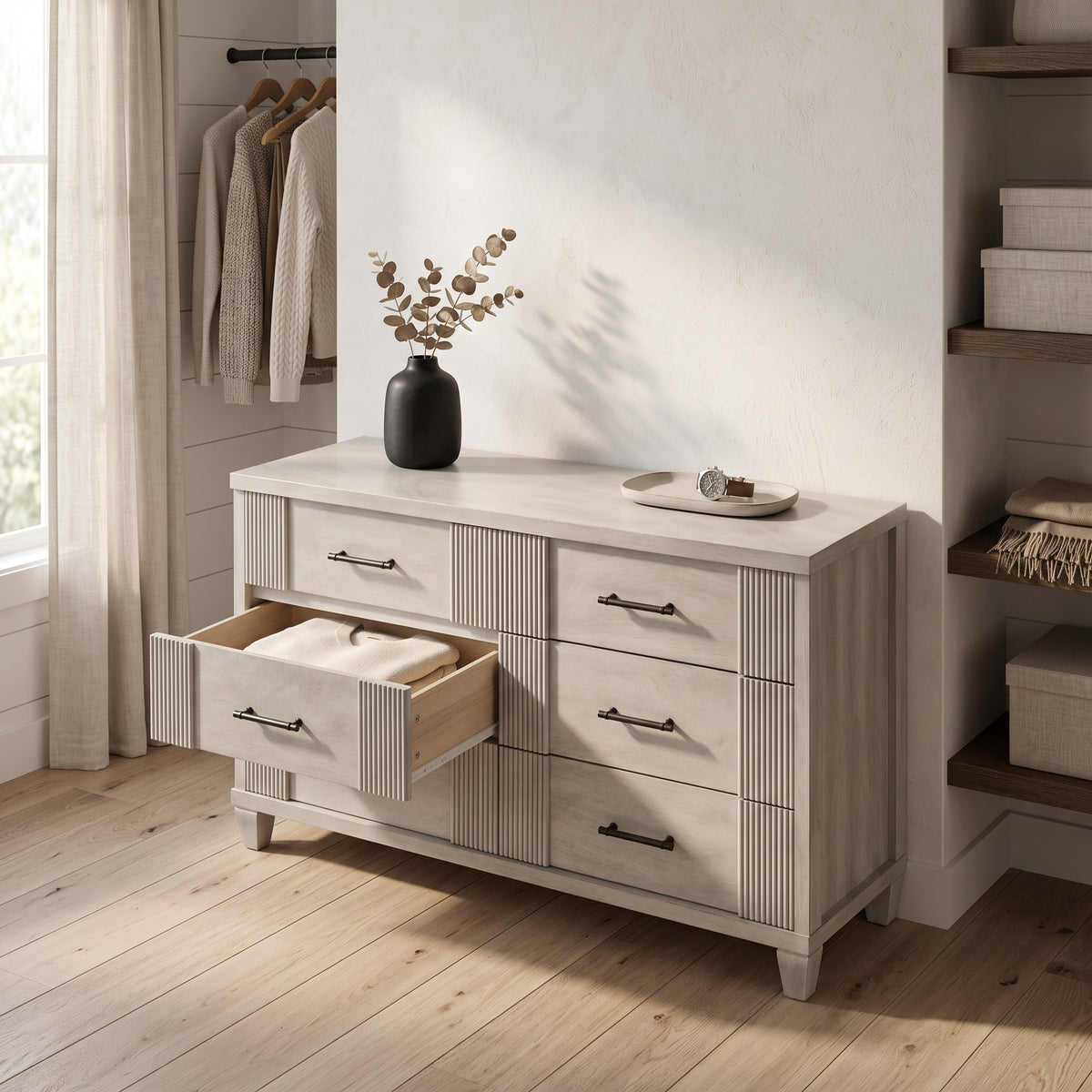 Galano 54.8" W Mid-Century Modern 6 Drawer Dresser with Fluted Fronts and Solid Wood Feet