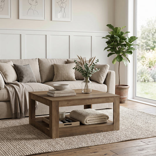 Galano 31.5" Modern Wood Square Coffee Table with Open Storage Shelf, Knotty Oak