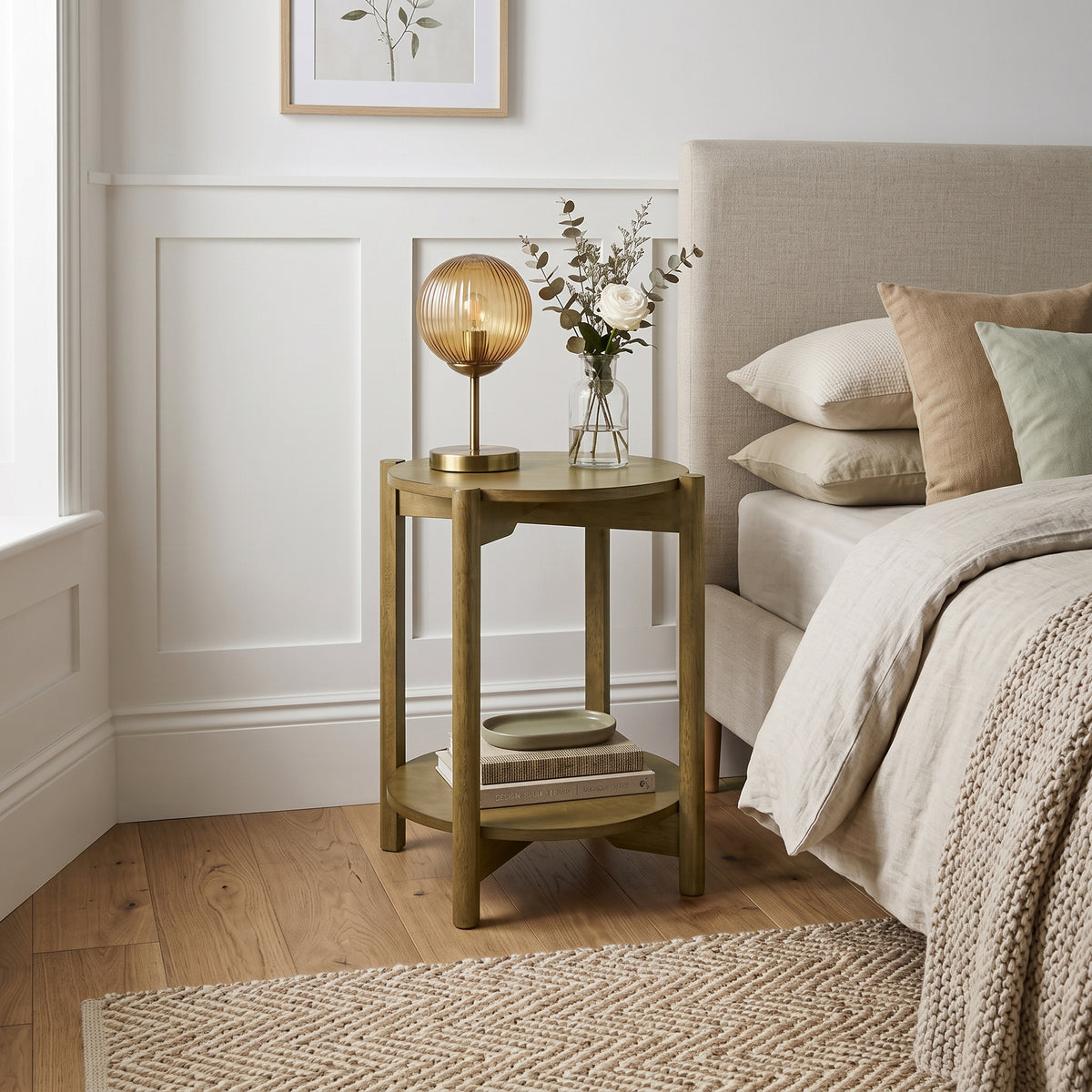 Galano Solid Wood Round End Table with Storage Shelf, 2-Tier Side Table for Small Spaces - Antique Oak