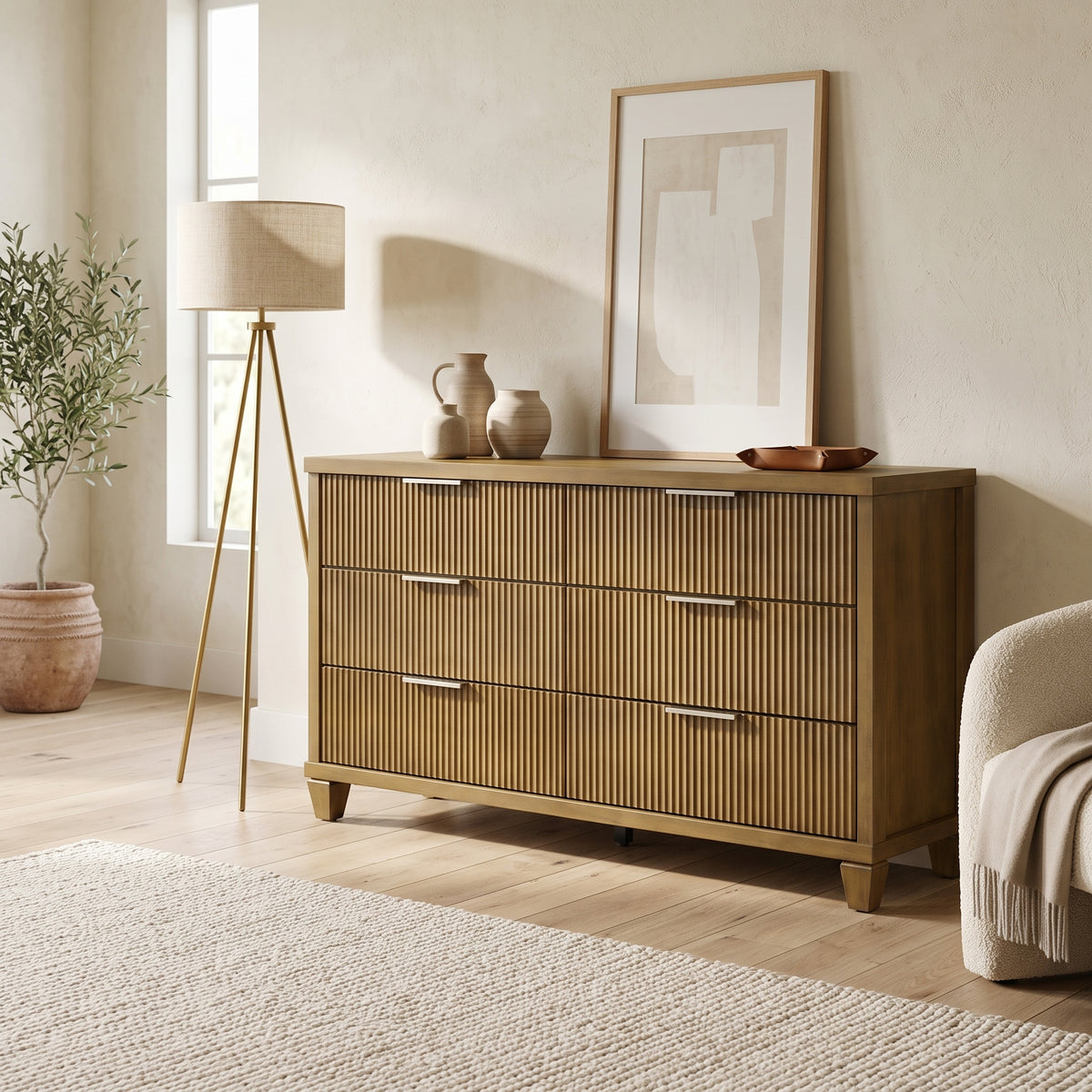 Galano 54.8" Wide Mid-Century Modern 6 Drawer Dresser with Fluted Fronts and Solid Wood Feet