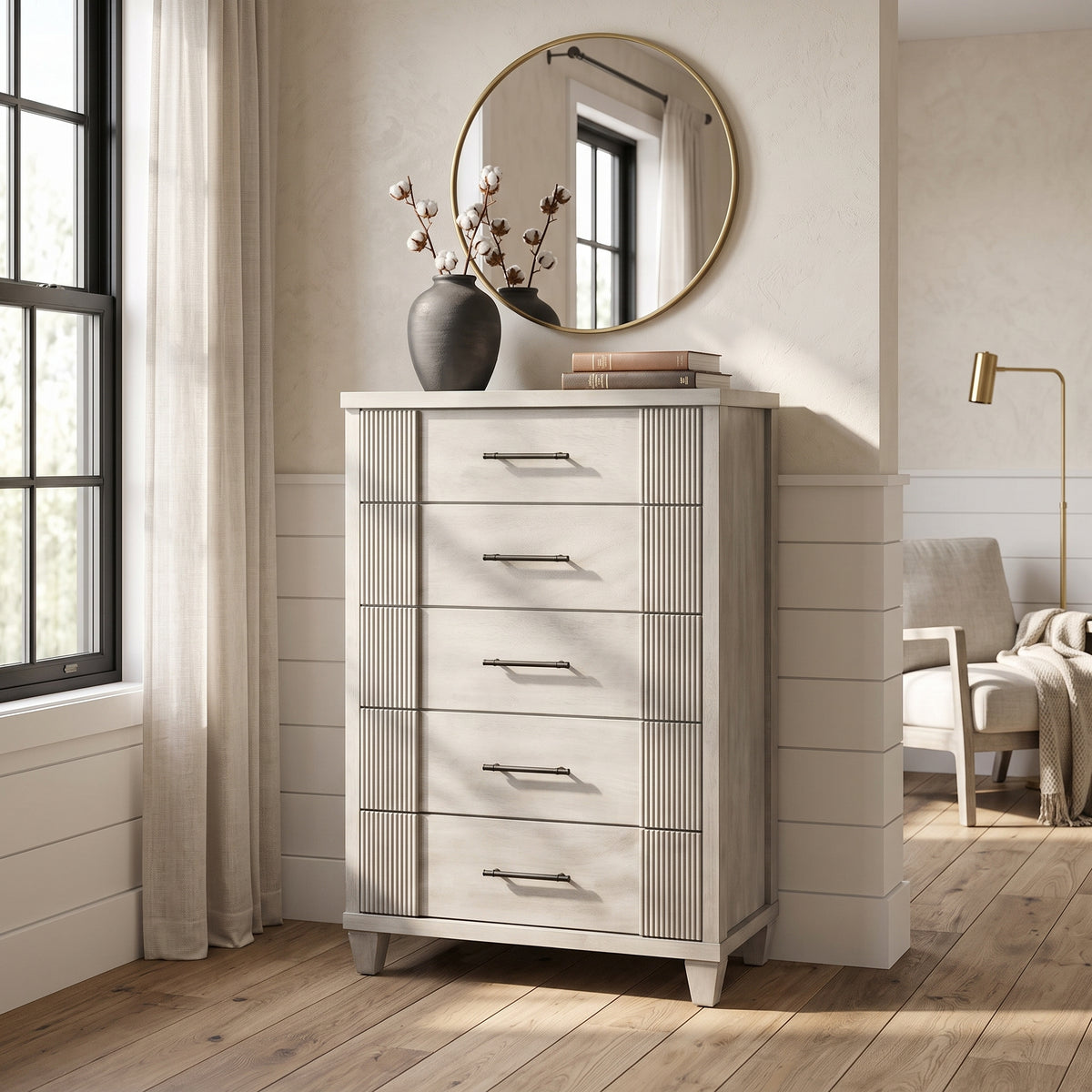 Galano 28.7" W Mid-Century Modern 5 Drawer Chest with Fluted Fronts and Solid Wood Legs