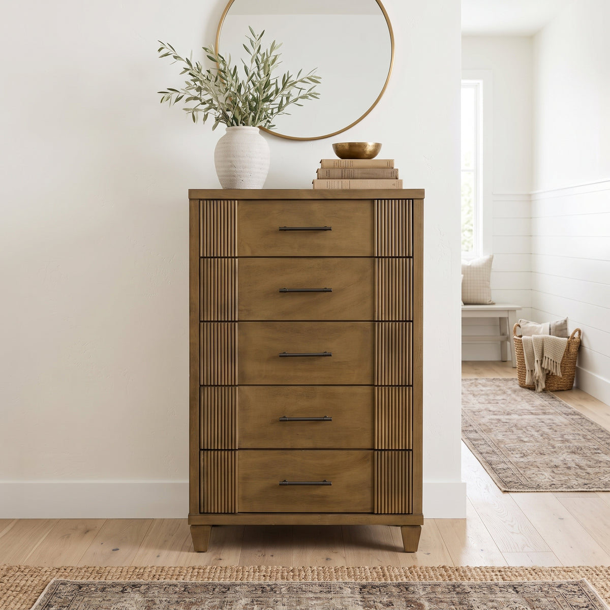Galano 28.7" W Mid-Century Modern 5 Drawer Chest with Fluted Fronts and Solid Wood Legs