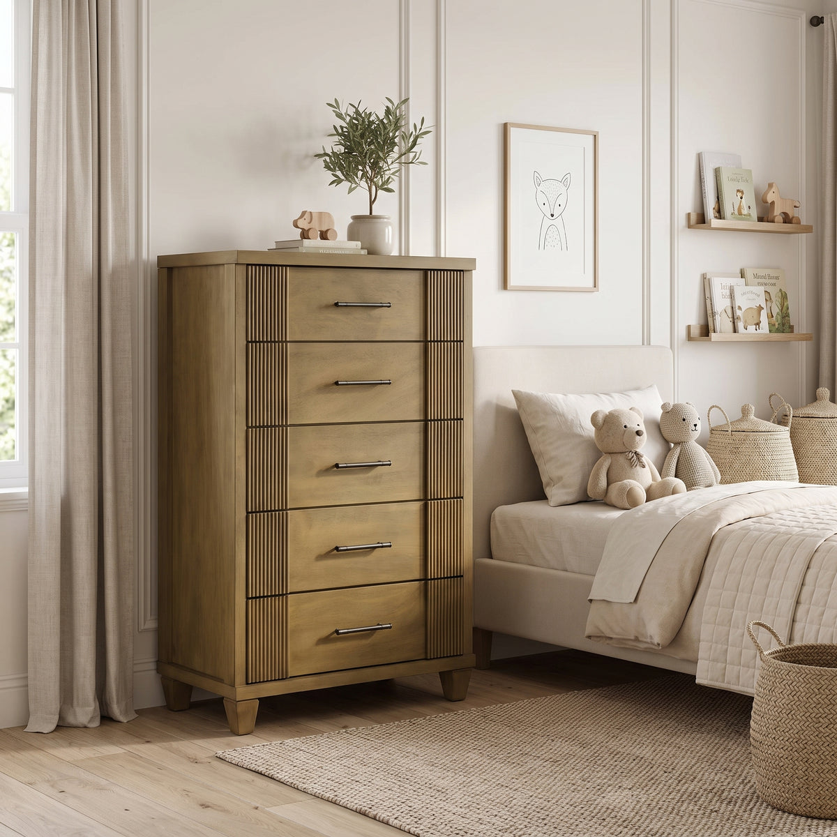 Galano 28.7" W Mid-Century Modern 5 Drawer Chest with Fluted Fronts and Solid Wood Legs