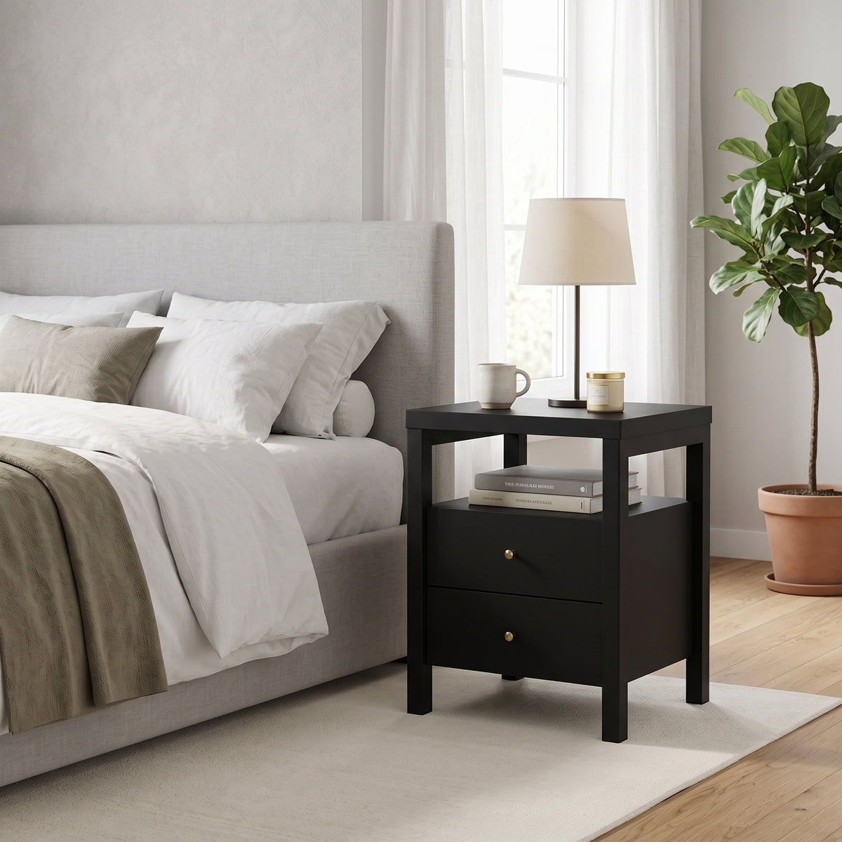Galano 23" H Modern 2 Drawer Nightstand Bedside Table with Open Storage Shelf - Black