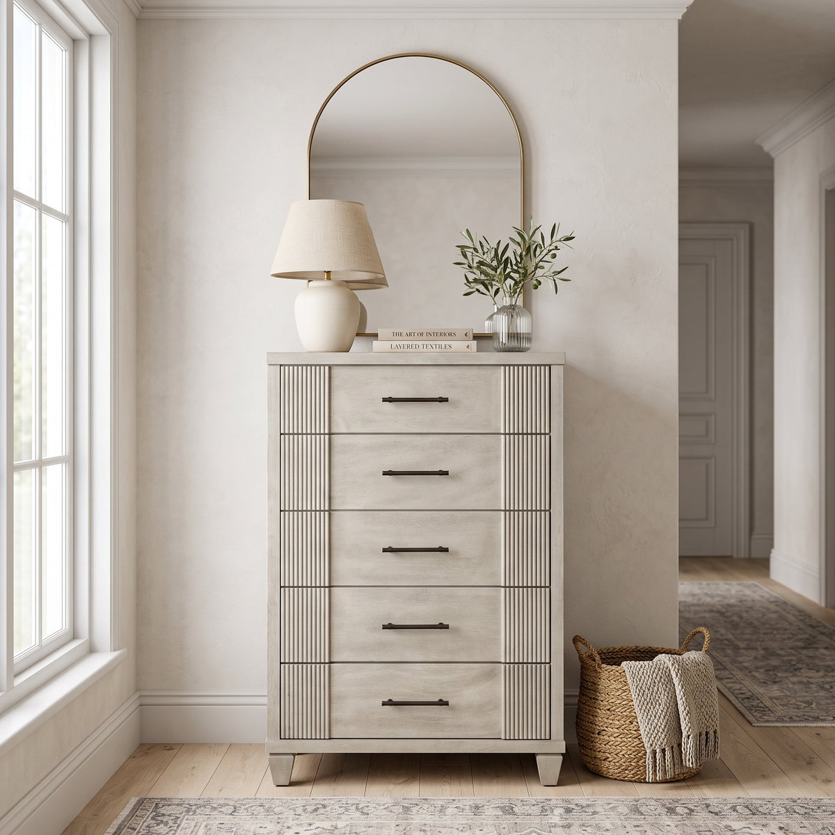 Galano 28.7" W Mid-Century Modern 5 Drawer Chest with Fluted Fronts and Solid Wood Legs