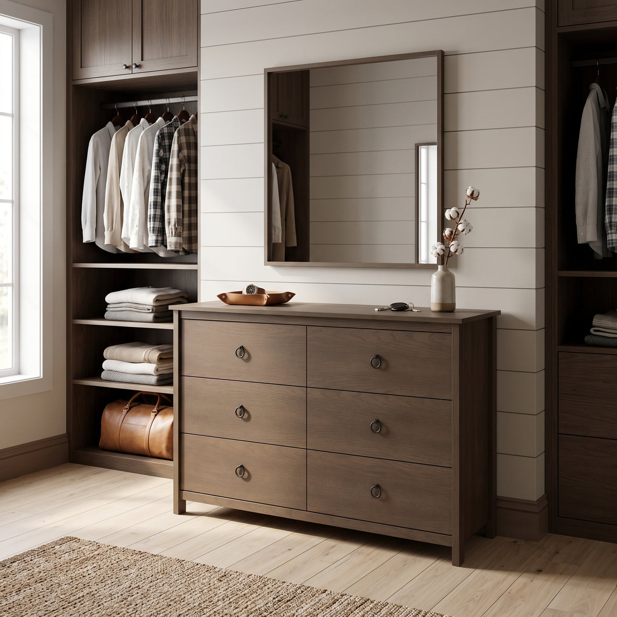 Galano Transitional 47" 6-Drawer Double Dresser with Rich Wood Veneer Finish and Metal Ring Pulls & Interlocking Drawers