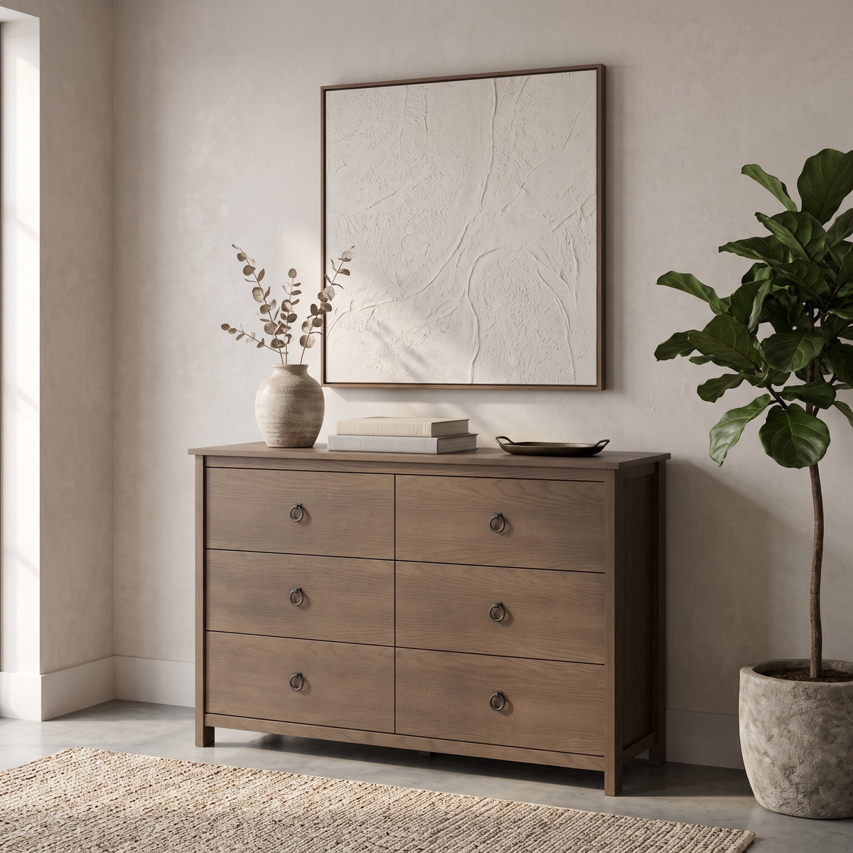 Galano Transitional 47" 6-Drawer Double Dresser with Rich Wood Veneer Finish and Metal Ring Pulls & Interlocking Drawers