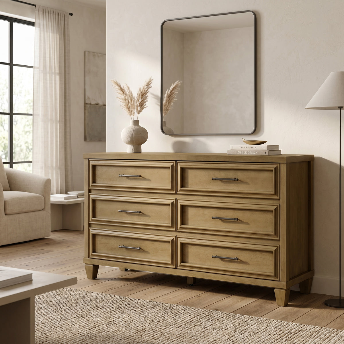 Galano 54.9" W Traditional 6 Drawer Dresser with Solid Wood Feet and Interlocking Drawers